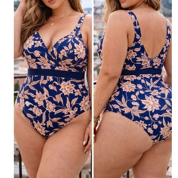 Cupshe Other - Cupshe Elegant Plus Size 3X Floral One Piece Swimsuit Blue V Neck Tummy Control